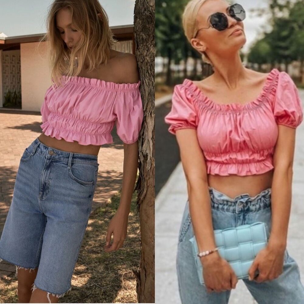 Zara Off Shoulder Ruffle Milkmaid Top Bubblegum Pink Medium Bloggers Fave Smocke